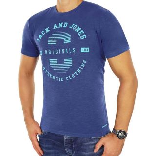JACK & JONES Herren T-Shirt Jortelt Sommer Baumwolle Print Rundhals Regular Fit Blau