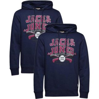 JACK & JONES Herren Kapuzenpullover Jorkevin Sweat Hoodie Print Aufdruck Kapuze 2er Pack Dunkelblau
