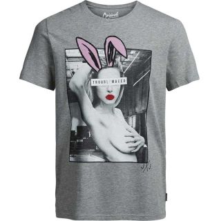 JACK & JONES Herren T-Shirt Jorplaygirl Sommer Baumwolle Print Rundhals Slim Fit Hellgrau