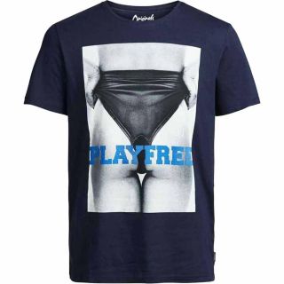 JACK & JONES Herren T-Shirt Jorplaygirl Sommer Baumwolle Print Rundhals Slim Fit Dunkelblau