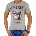 JACK & JONES Herren T-Shirt Jorspice Sommer Baumwolle Print Rundhals Slim Fit Hellgrau