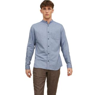 Jack & Jones Herren Hemd Jjeband Melange Basic Freizeithemd Mandarinkragen Slim Blau
